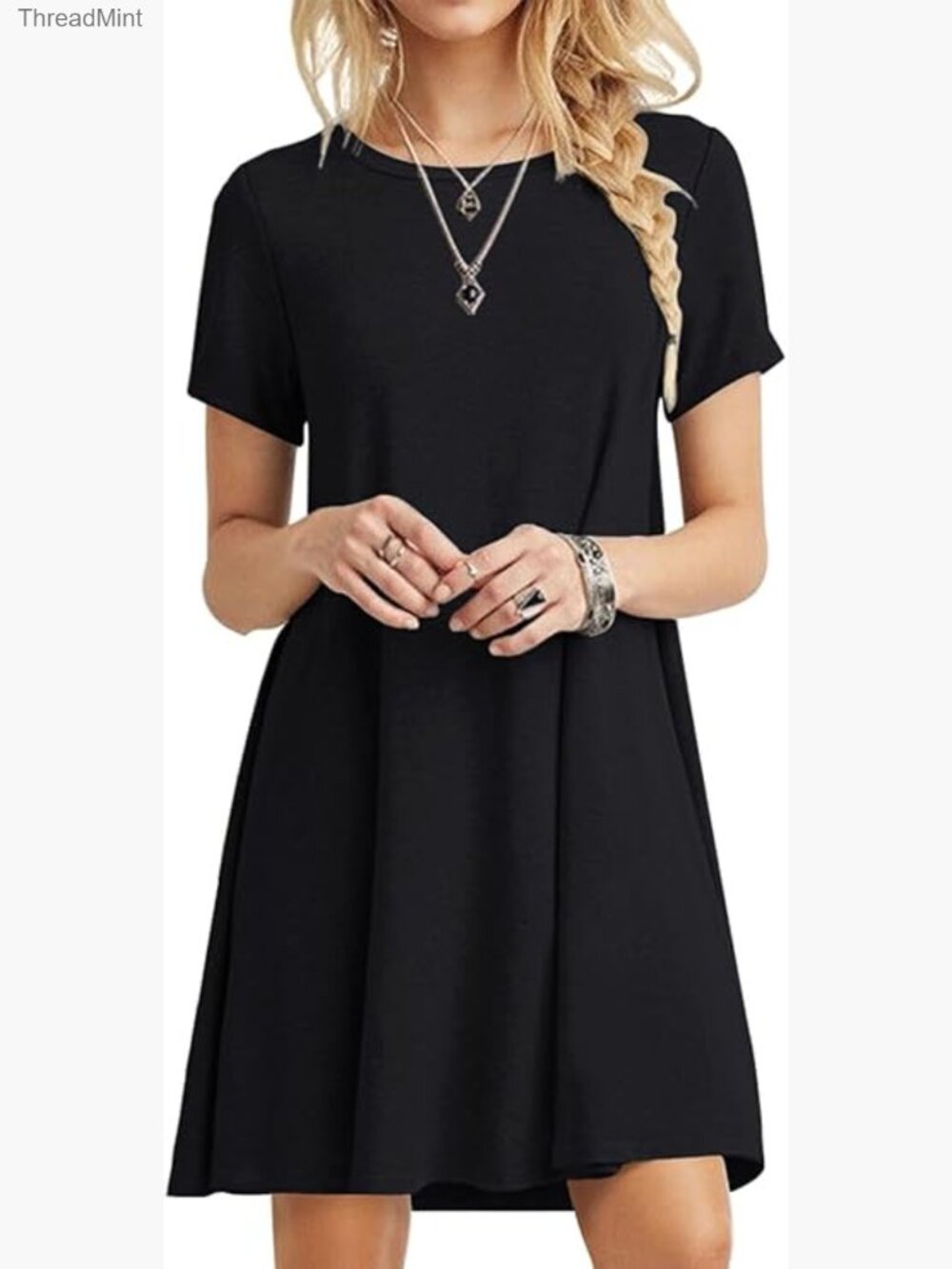Summer Midi Dress Casual Short Sleeve Crewneck Rayon Spandex Swing Hem